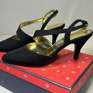 Vintage Black Heels Size‎ 7 Leather NINA Tiki Pointy Shoes 90s Satin Straps